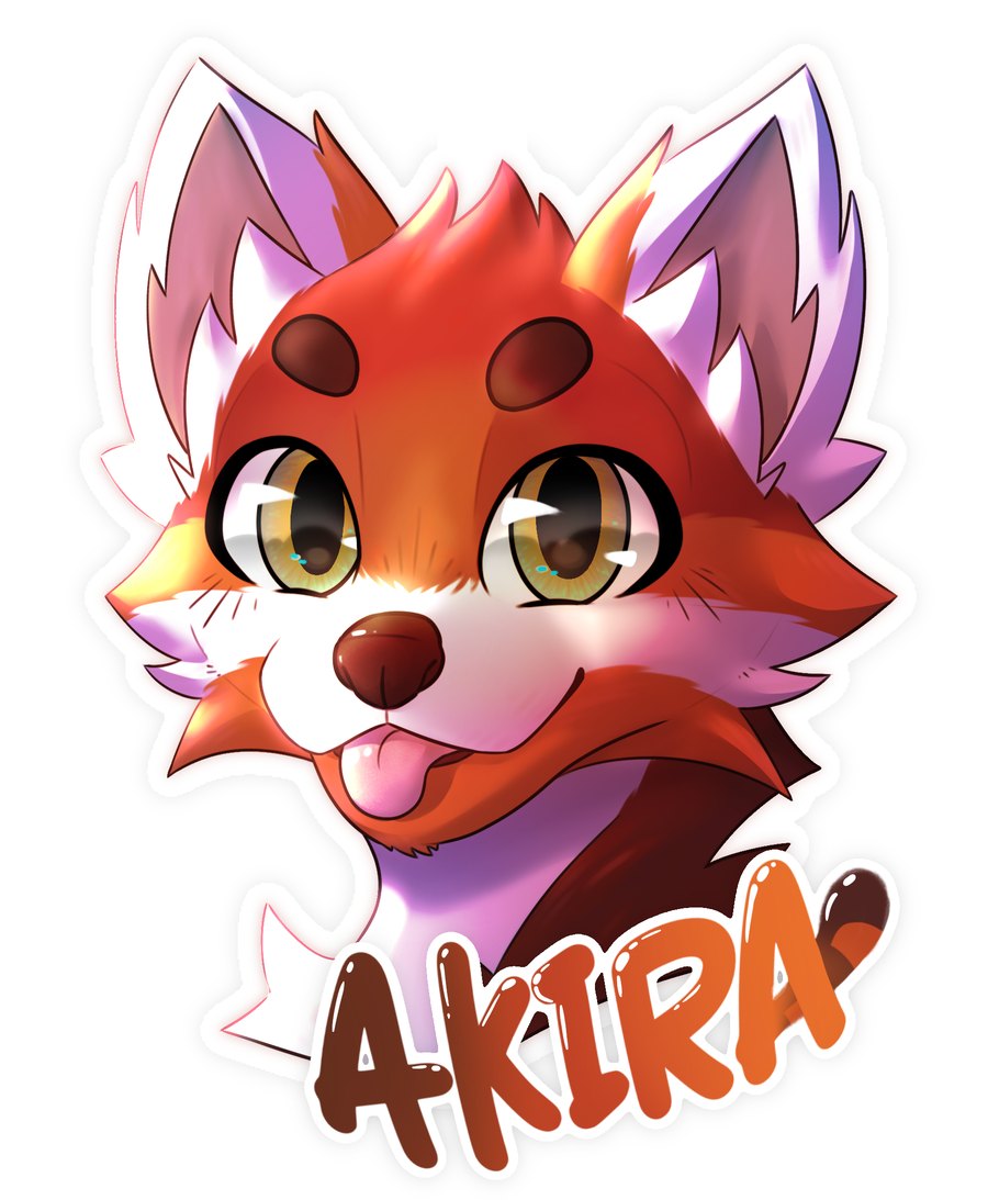Glossy sticker-style badge of Akira's head: red panda with auburn fur, cream muzzle, dark brown brow patches, gold-green eyes and tongue out, with the name AKIRA in brown and orange lettering — by Hykashi