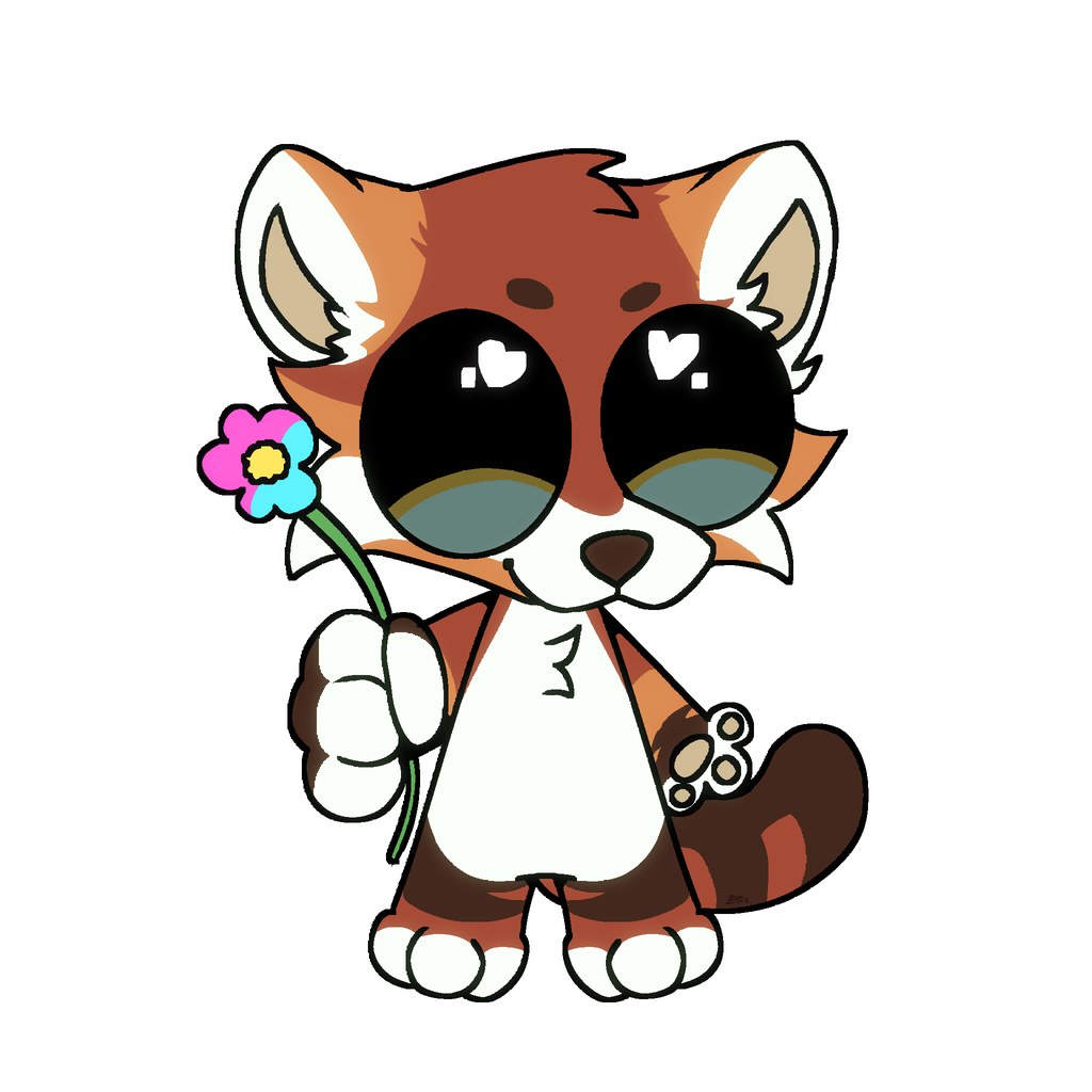 Chibi-style Akira holding up a pink and cyan flower, with big black eyes with white heart-shaped highlights, a fluffy two-tone tail and white paws — by Eli