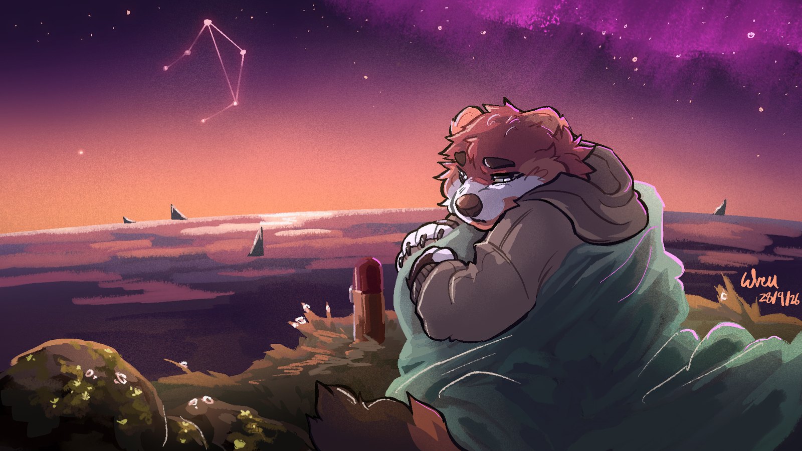 Akira on the cliff at dusk, wrapped in a blanket, with sailboats on the horizon and a constellation above — illustration by Wren