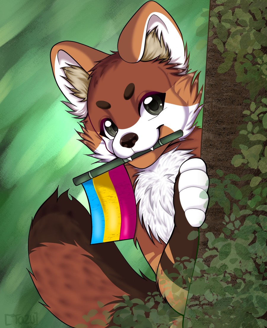 Akira peeking out from behind a tree trunk in a green forest, holding a pansexual pride flag on a stick, with a dark two-tone tail and white chest fur — by Tazu