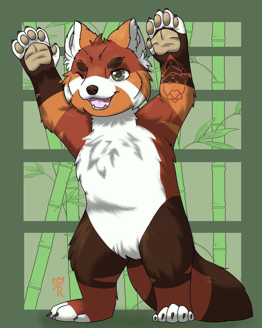 Akira standing with both arms raised, winking with tongue out, in front of a green bamboo pattern; the crown-and-shield tattoo on the right arm is visible — by ariyeas